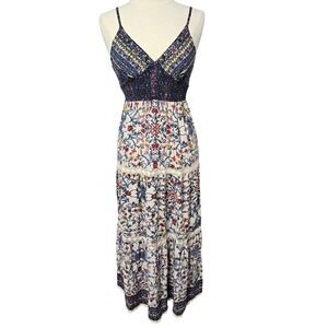 Angie Boho Floral Maxi Dress Medium Smocked Lace Trim Straps Flowy Festival Mix